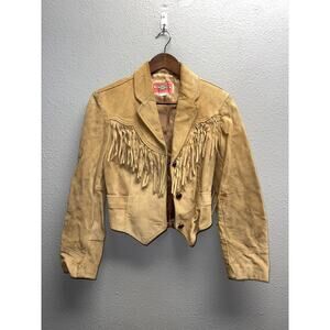 Womens Vintage Ms Pioneer Fringe Jacket Western Suede Leather Tan Coat Size 12